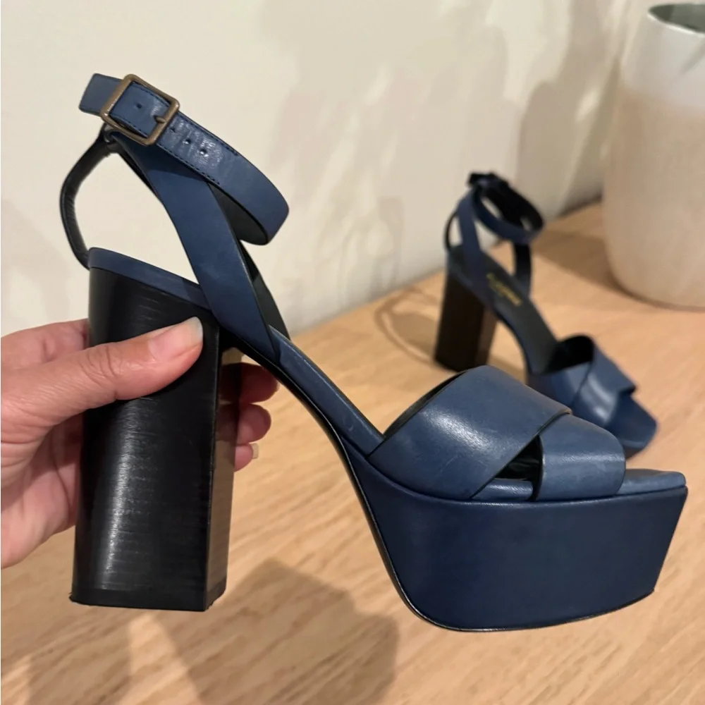 Saint Laurent Blue Leather Crisscross Block Heel Sandals - Picture 2 of 15